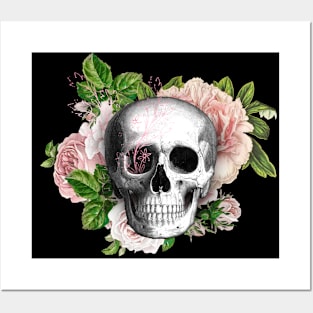 Skull and Pink Roses skull art design 3 Posters and Art